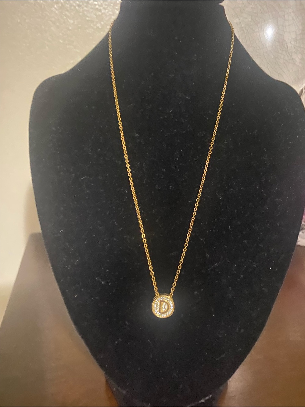 Gold Tone Round Pendant Necklace with Crystal Halo